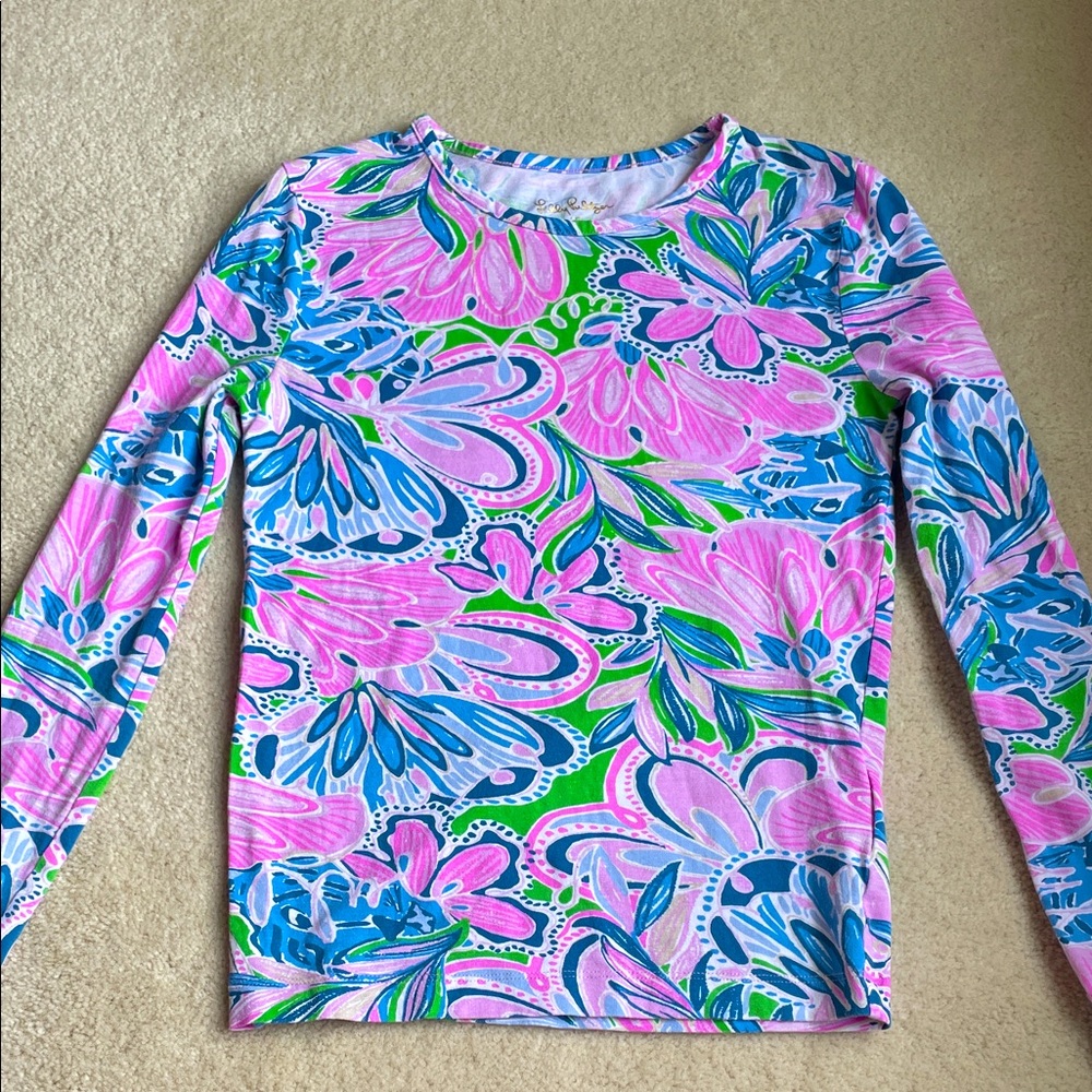Lilly Pulitzer Girls Floral Print Top Colorful Long Sleeve Tropical Size 12
